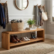 59 Inch Solid Wood Entryway Bench, Long Shoe Bench with Storage for Hallway
