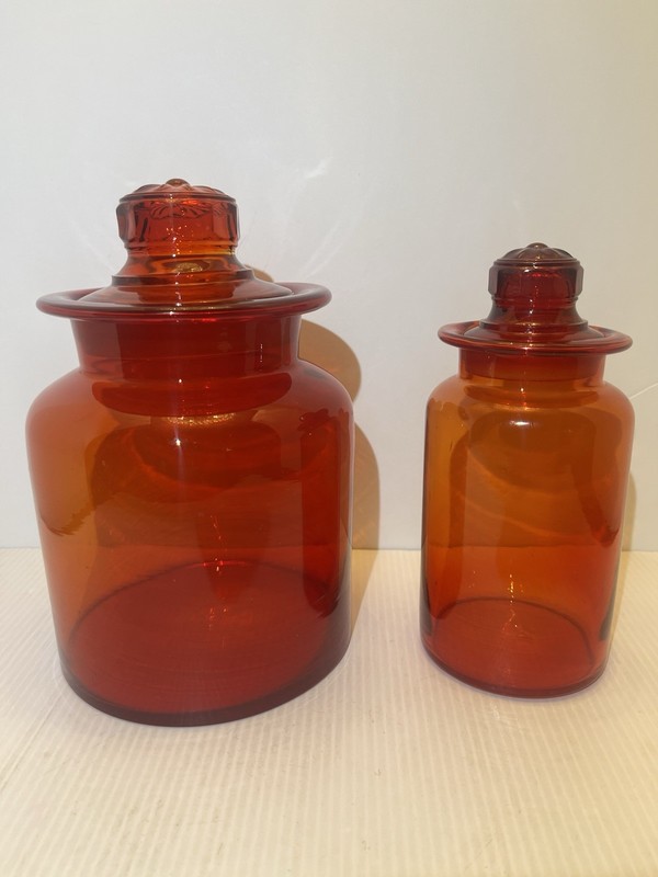 Large & Small Takahashi handblown Amberina Red Glass Canisters with Lids!!
