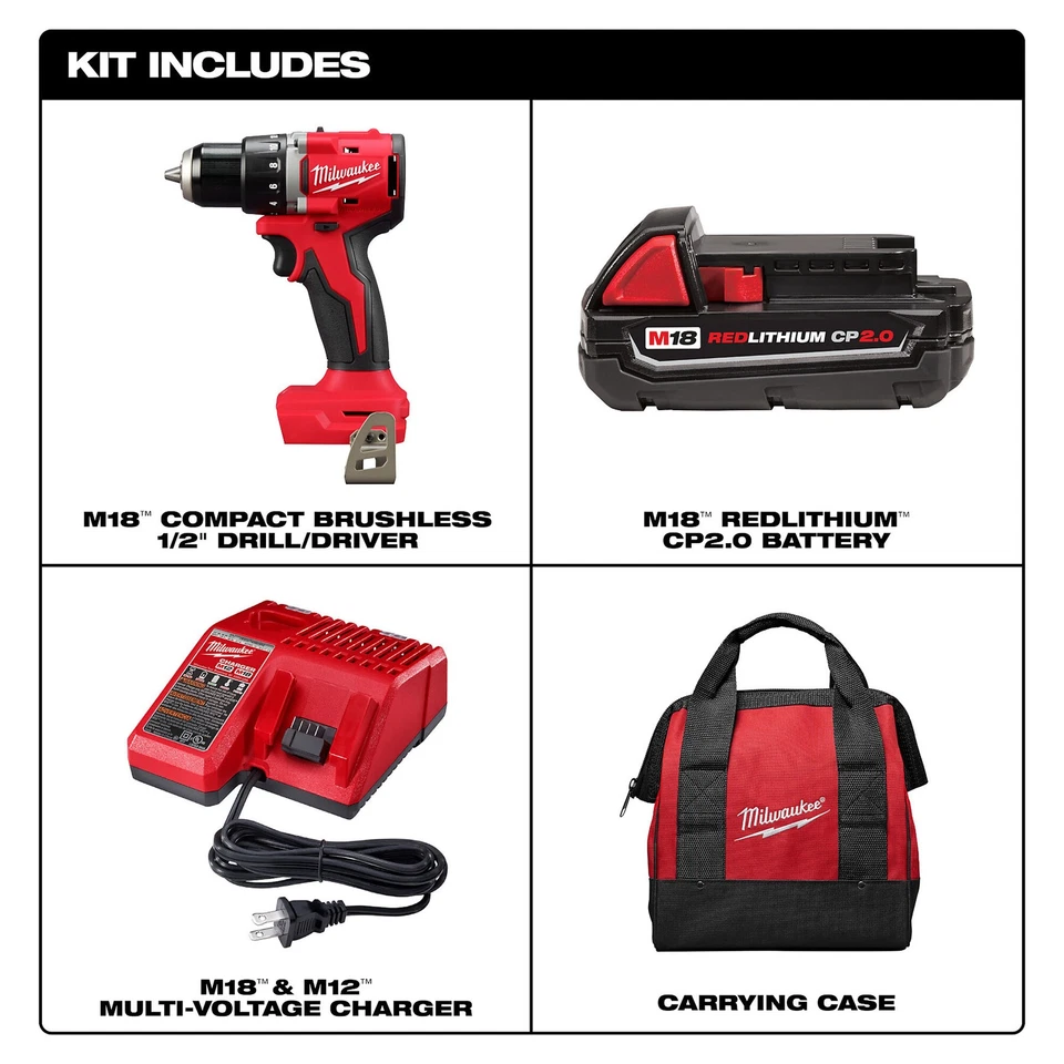 Milwaukee M18 Compact 1/2in. Drill/Driver Combo Kit, Model# 3601-21P - Image 2 of 4