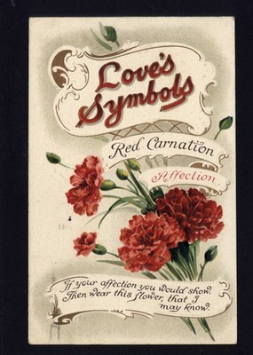 1912 LOVE'S SYMBOLS Red Carnation Affection - posted Stockton CA stamp message