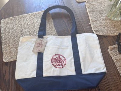 Trader Joe's Reusable Canvas Tote Bag Beige with Navy Blue Solid Plain Shopper