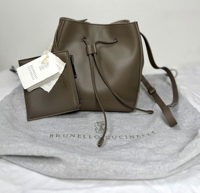 Brunello Cucinelli Leather Bucket Bag Taupe Drawstring Crossbody NWT