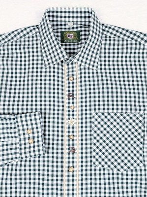 Trachten Checkered Mens Button Shirt (L) Edelweiss Flower Deer Embroidery Green