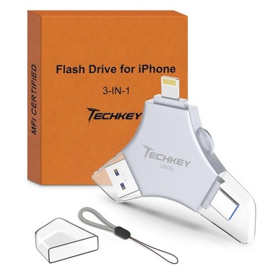 USB 3.0 Flash Drive for iPhone 256GB: MFi Certified 3in1 External Memory Phot...