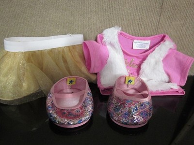 Build A Bear Workshop Skirt Shirt & Sparkle Shoes Pink White Gold Multicolor