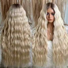 100 Human Hair Wigs Golden Blonde Wig Deep Wave Lace Front Wig Dark Roots