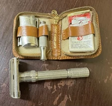 Vintage Gillette Razor Travel Set Red Leather Zip Case & Adjustable Razor Japan