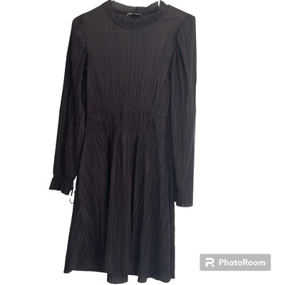 Zara Womens Crinkle Pleated Dress Size S Black Long Sleeve Fit Flare  Ruffle | eBay
