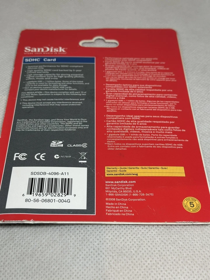 Sandisk SDHC Secure Digital High Capacity Card 4GB Class 2 Camera Camcorder NIP - Image 2 of 3