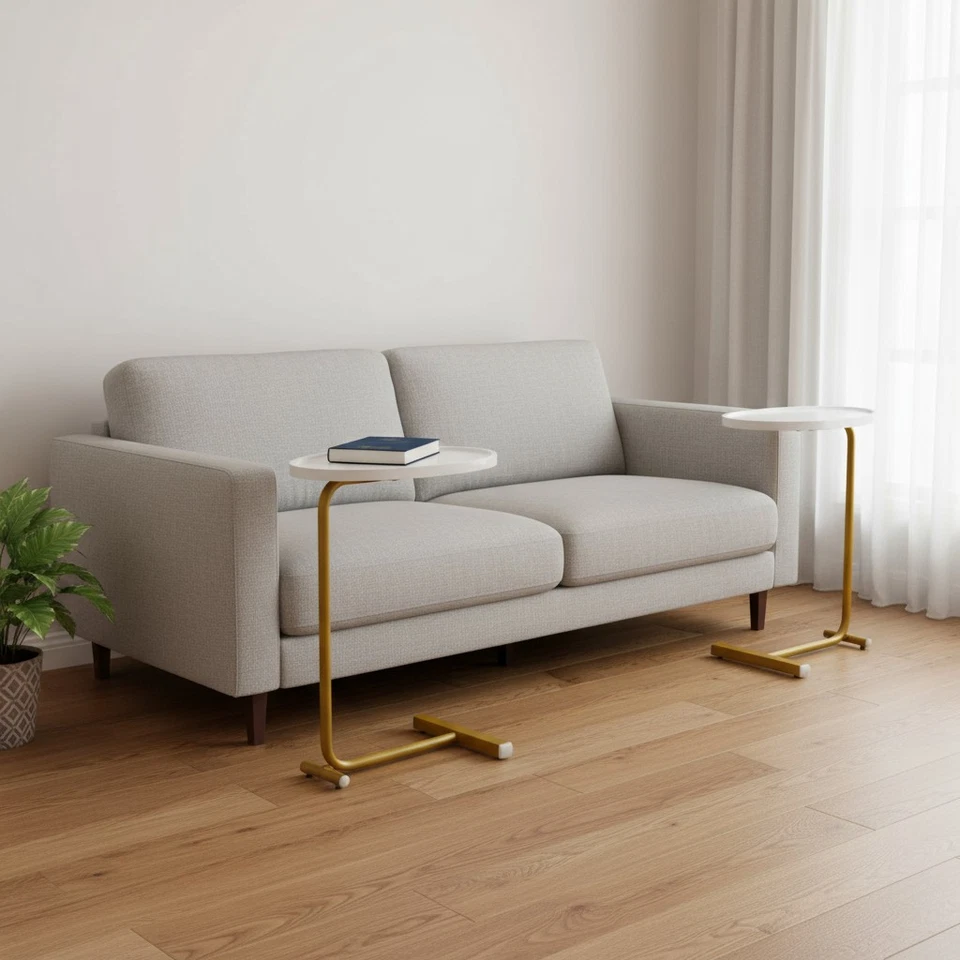 Set of Two White and Gold Faux Marble and Metal Oval End Tables - Image 2 of 4