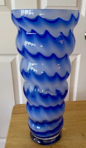 Vintage 14” Royal Gallery Poland  Art Glass Vase Cobalt Blue Murano Hand Blown