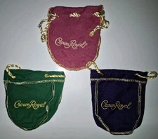 Lot of 3 Crown Royal 50ml Mini Bags 1 Green 1 Purple & 1 Custom Pink