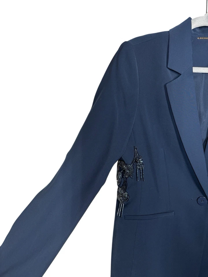 Elie Tahari Size 10 Blazer Sky Captain Navy Crepe Beaded Embellished Jacket $475 - Image 3 of 4