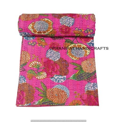 Indian Twin Fruit Print Pink Blanket Cotton Dorm Decor Kantha Quilt Boho Gudari