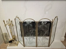 Hollywood Regency Glass Fireplace Screen with Tool Set