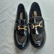 Steve Madden Lando Women 9 Black Patent Leather Chunky Lug Horsebit Loafer READ