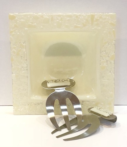 Mosaic Yellow Square Glass Salad Serving Set Bowl Tossers - Picture 2 of 6