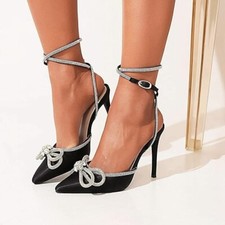 Women's Rhinestone Bowknot High Heeled Sandals Glitter Ankle Strap Stiletto 6