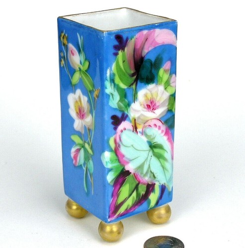 Vintage French Hand Painted Porcelain Footed Vase Fuchsia Rex Begonia Leaves