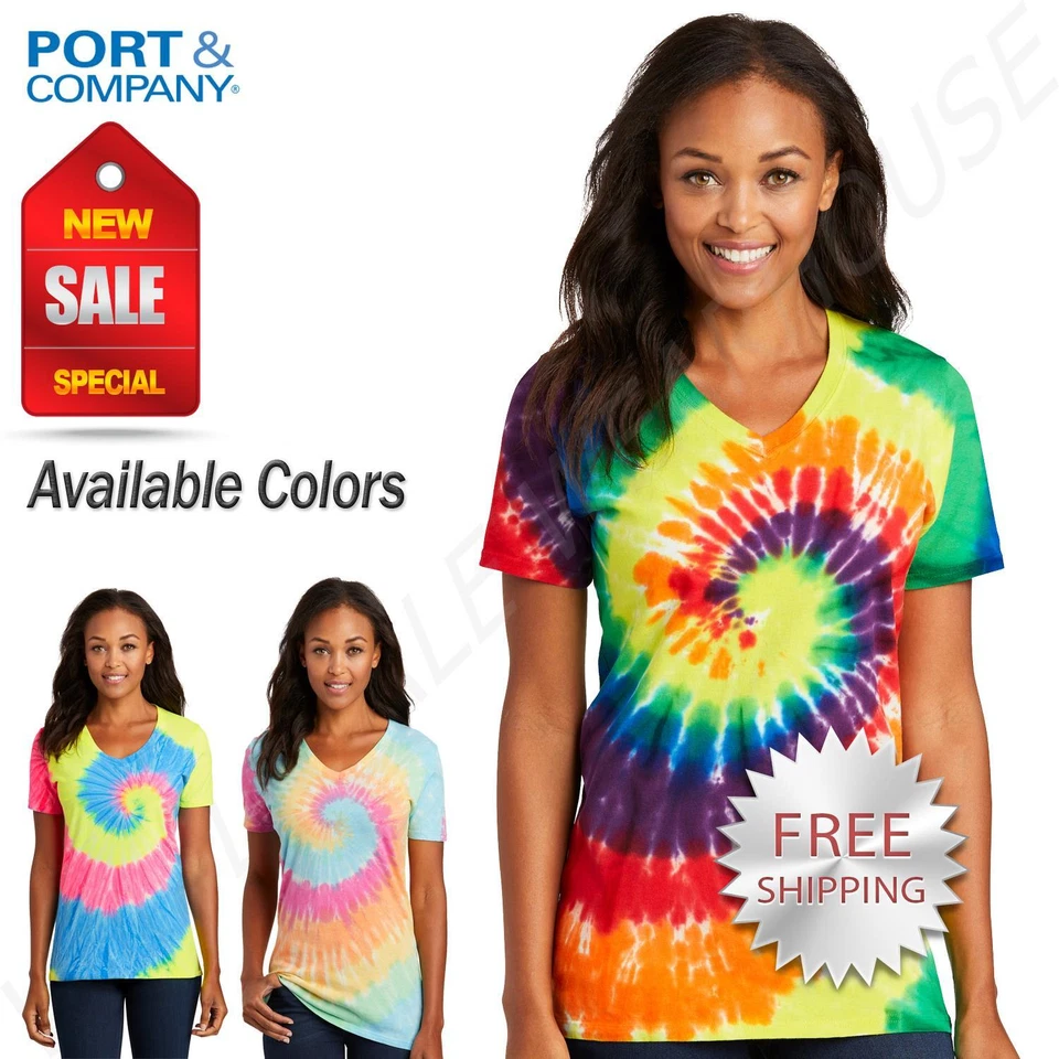 Port & Company Womens Tie-Dye 100% Cotton Standard Fit V-Neck T-Shirt LPC147V