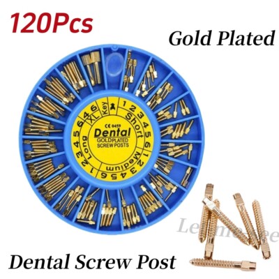 120PCS Dental Endodontic Screw Posts Gold Plated Titanium Kit &2Key Conical Pins