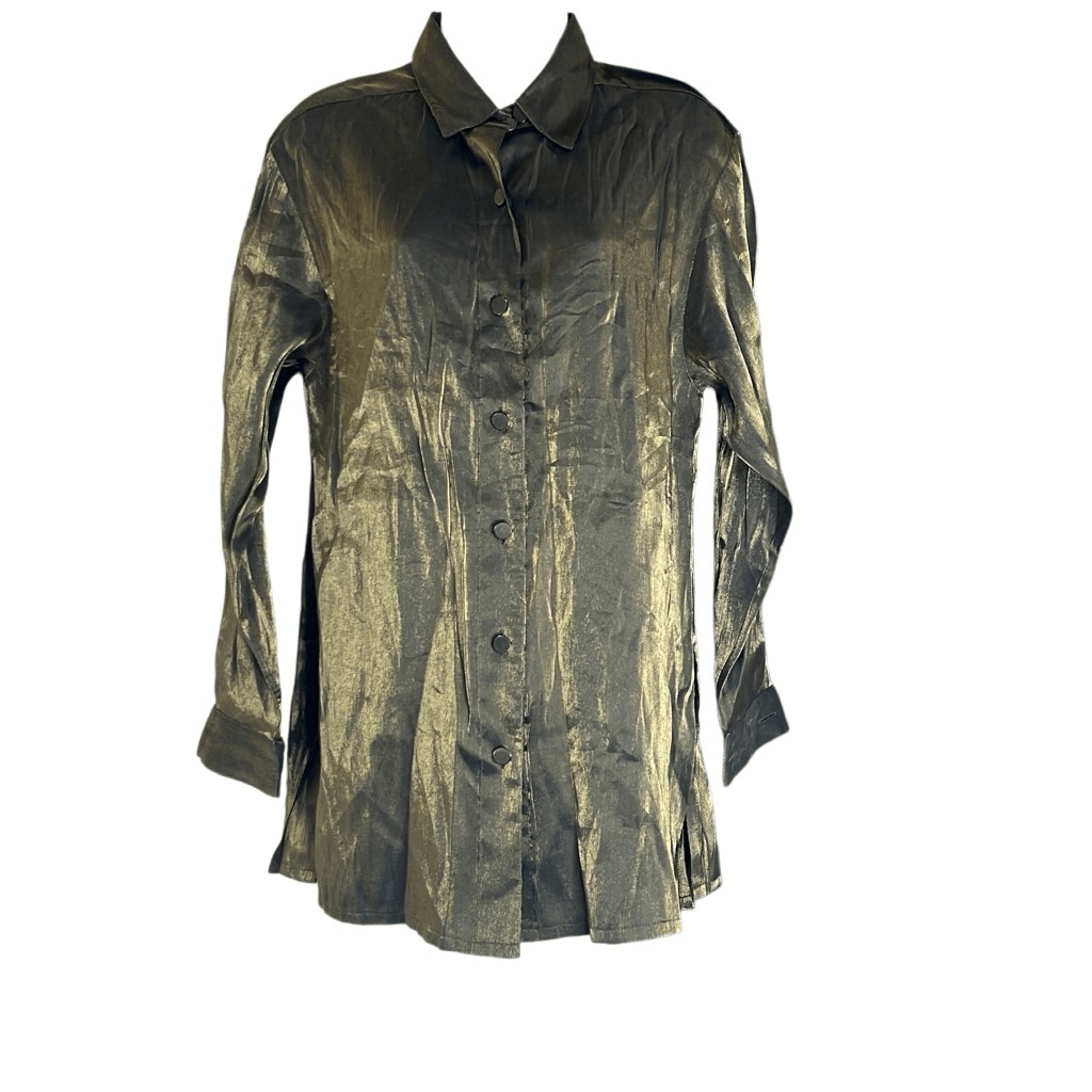 J R Nites by Caliendo Womens Medium Button Front Tunic Top Metallic Long Sleeve