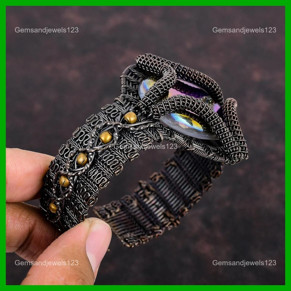 椭圆形钛德鲁兹宝石铜独特钢丝包装生日手工手镯 — 第 4/4 张图片