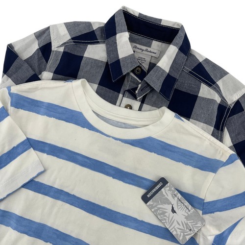 Tommy Bahama Shirt Bundle Striped Tee & Plaid Button Up Size M (7/8)