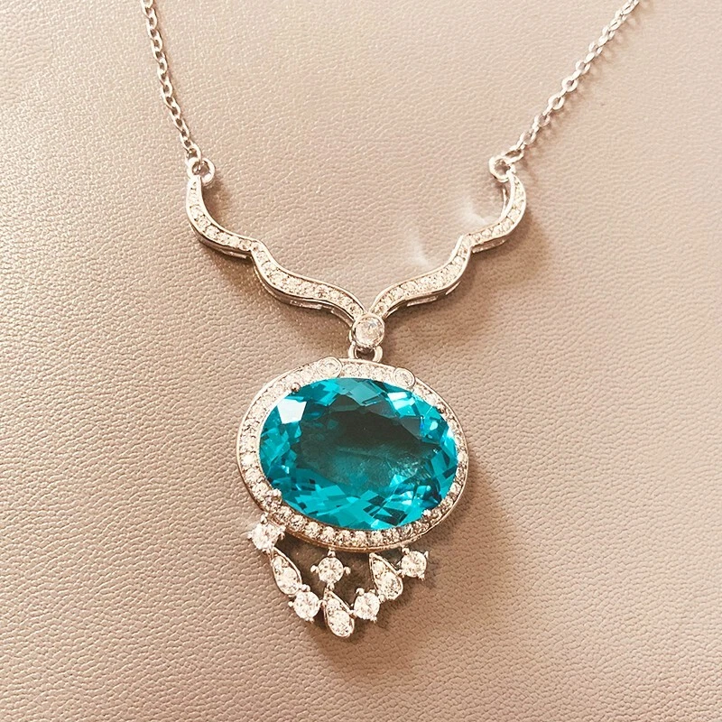 New Big Oval Blue Topaz Gemstone Charm Silver Women Girl Necklace Pendant - Image 4 of 4