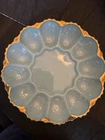Vintage Anchor Hocking Delphite Blue Milk Glass With Gold Edge Deviled Egg Plate