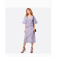 Ganni Purple Plaid Seersucker Ruched Midi Dress V-Neck Short Sleeve Flutter 38