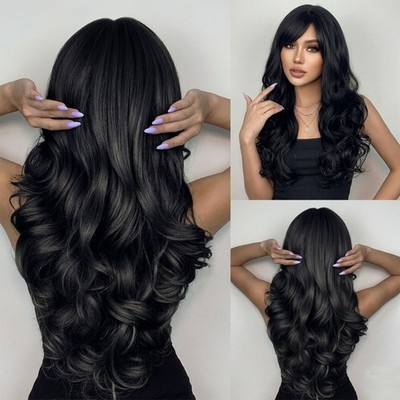 Natural Cosplay Party Wigs With Bangs Black Synthetic Hair Long Wavy