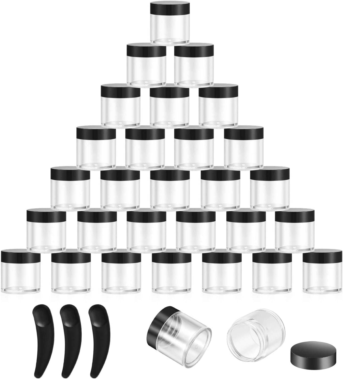 30 Plastic Cosmetic Sample Pots 10ml with Mini Spatulas Black
