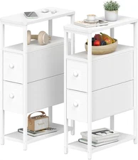 Narrow Nightstands Set 2 - Skinny Side Table Slim Night Stand for Small Space Be