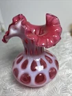 BEAUTIFUL VTG FENTON Cranberry Opalescent COIN DOT Ruffled Rim Glass Vase 7.25"H