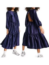 Topshop Womens Textured Metallic Blue Midi Dress Size 4 Fairy Cutout Whimsigoth