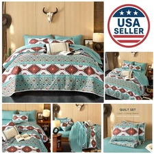 Elegant Southwestern Quilt Set - 3-Piece Turquoise Brown Queen/Full Coverlet