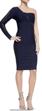 Herve Leger One Shoulder Bandage Dress Navy Size XS MRSP $1690 Midi Pristine EUC