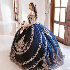Princess Navy Blue Quinceanera Dress Sweet 16 Dress Ball Gown Applique Prom Gown