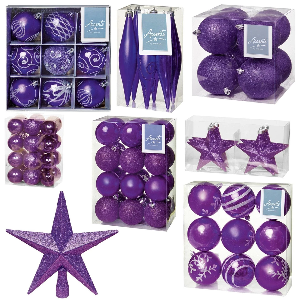PREMIER DECORATIONS Christmas Purple Shatterproof Tree Decorations - Choose Design