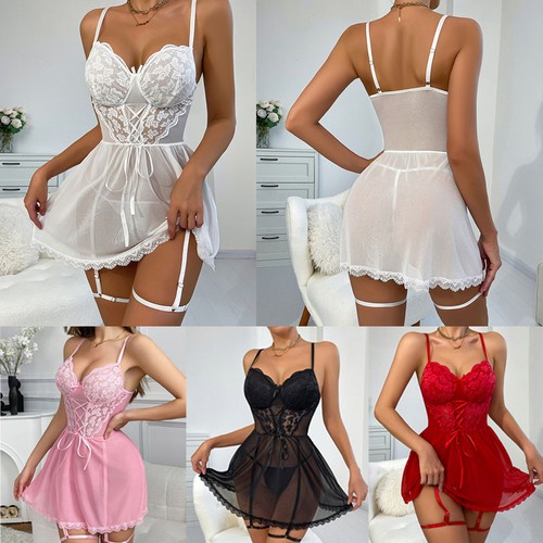 Set G-string bretelle donna lingerie sexy intimo pigiama abito pizzo rete☋ - Foto 4 di 28
