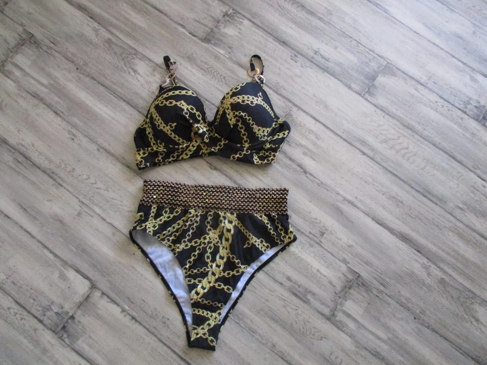 Maillot 2 pièces noir imprimé chaînettes dorées - Marque Shein - Taille L - Photo 1/4