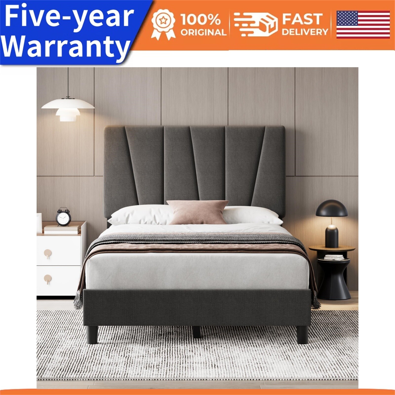 🅰️TWIN/FULL/QUEEN Bed Frame W/ Headboard Linen Upholstered Platform Bed Headboa