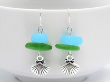Frosted Blue Green Sea Glass Beach Stone Pebble Silver Charm SEASHELL Earrings