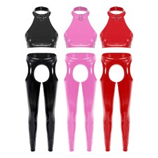 Womens Sets Bra Outfits Halter Suit Glossy Clubwear O Ring Underwear Sleeveless