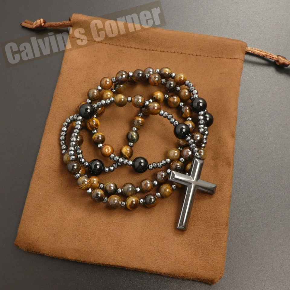 Tiger Eye Black Onyx Hematite Cross Rosary Necklace Long Catholic Men Women Gift - Image 2 of 4