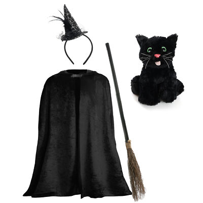 KIND MÄDCHEN HALLOWEEN HEXENKOSTÜM SCHWARZER UMHANG HEXE BESEN SCHWARZE KATZE ZUBEHÖR