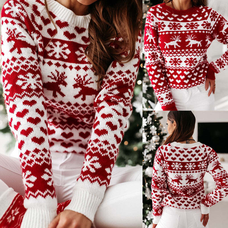 - Opulent Winter Elk Long Sleeve Knitted Sweater  - Luxurious Velvet Touch Chri