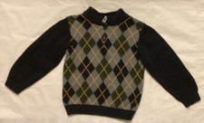Gymboree Boy Size 3 Sweater 5 Neck Zipper Argyle Back, Gray, Yellow, 100 Cotto