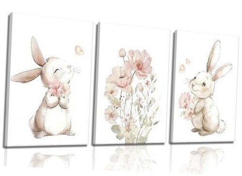 3 Pcs Pink Bunny Wall Art Bunny floral watercolor Nursery 16x24in Canvas